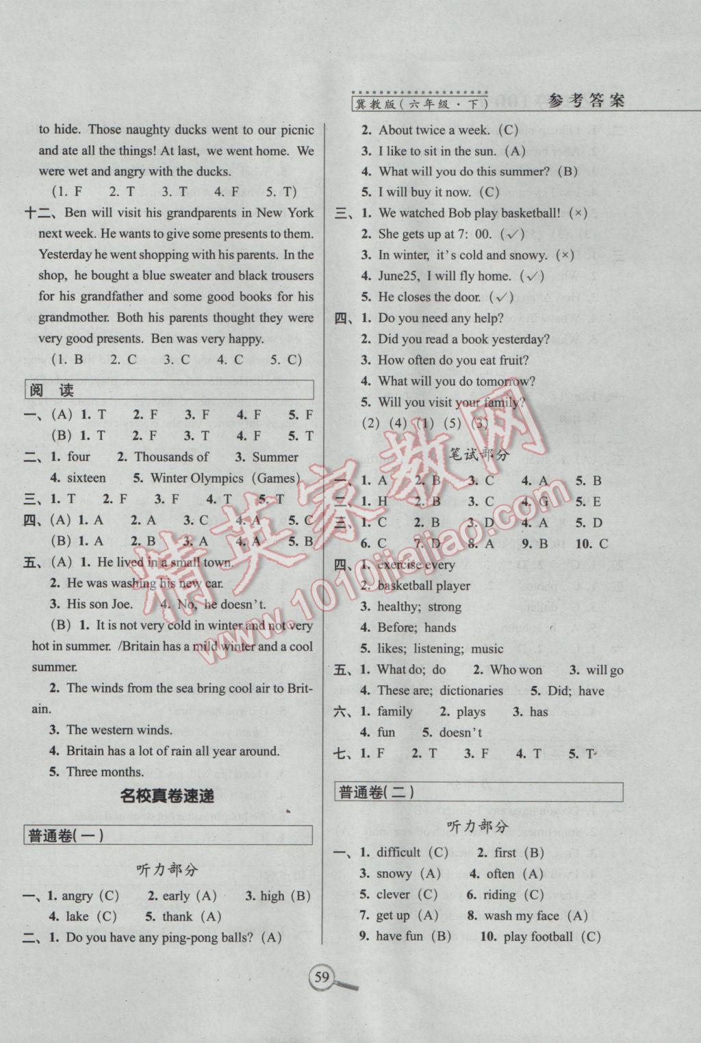 2017年15天巧奪100分六年級(jí)英語(yǔ)下冊(cè)冀教版 參考答案第3頁(yè)