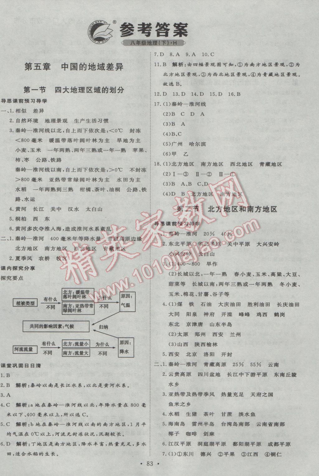 2017年优加学案课时通八年级地理下册H版 参考答案第1页