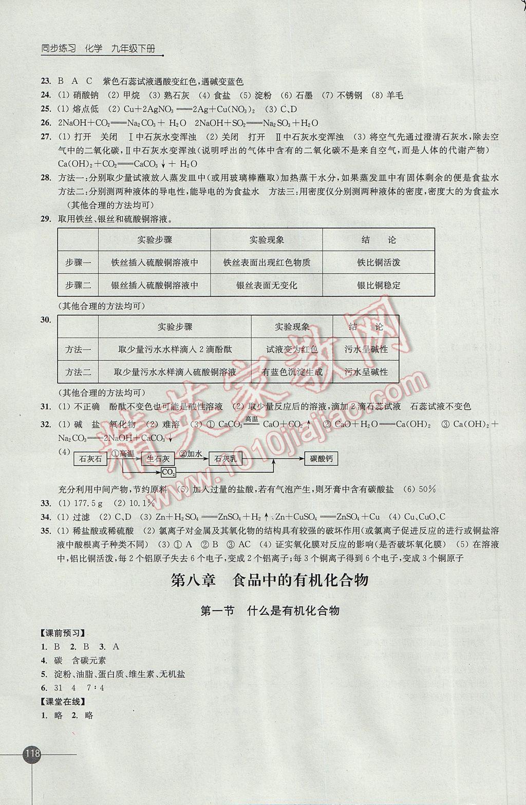 2017年同步练习九年级化学下册沪教版江苏凤凰科学技术出版社 参考答案第10页