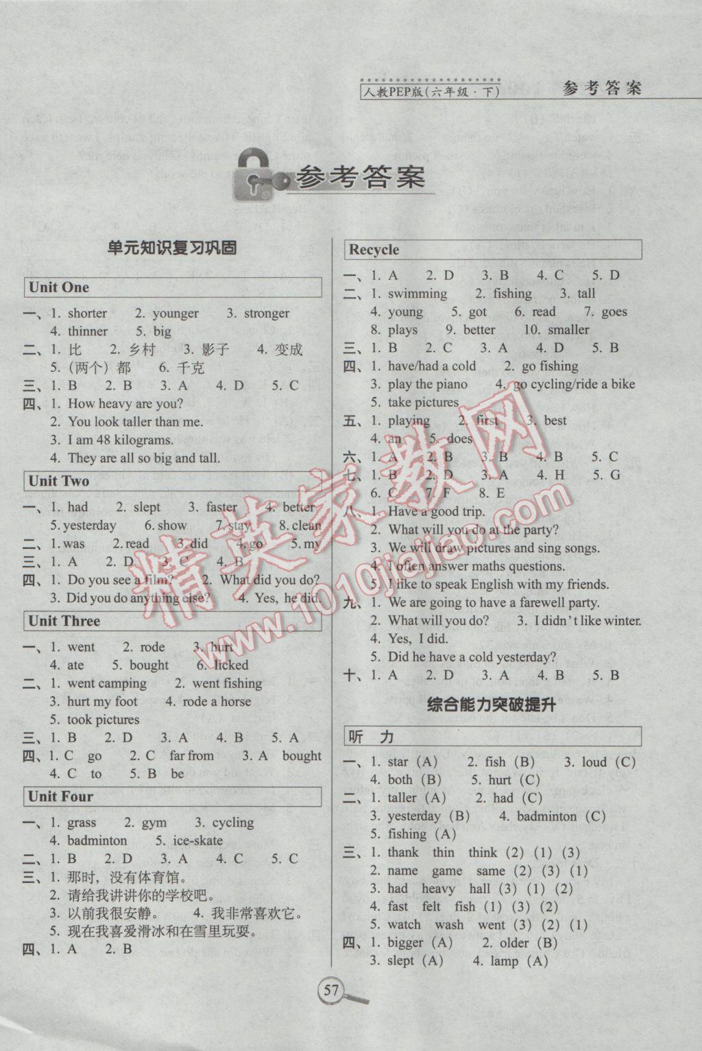 2017年15天巧奪100分六年級(jí)英語下冊(cè)人教PEP版 參考答案第1頁