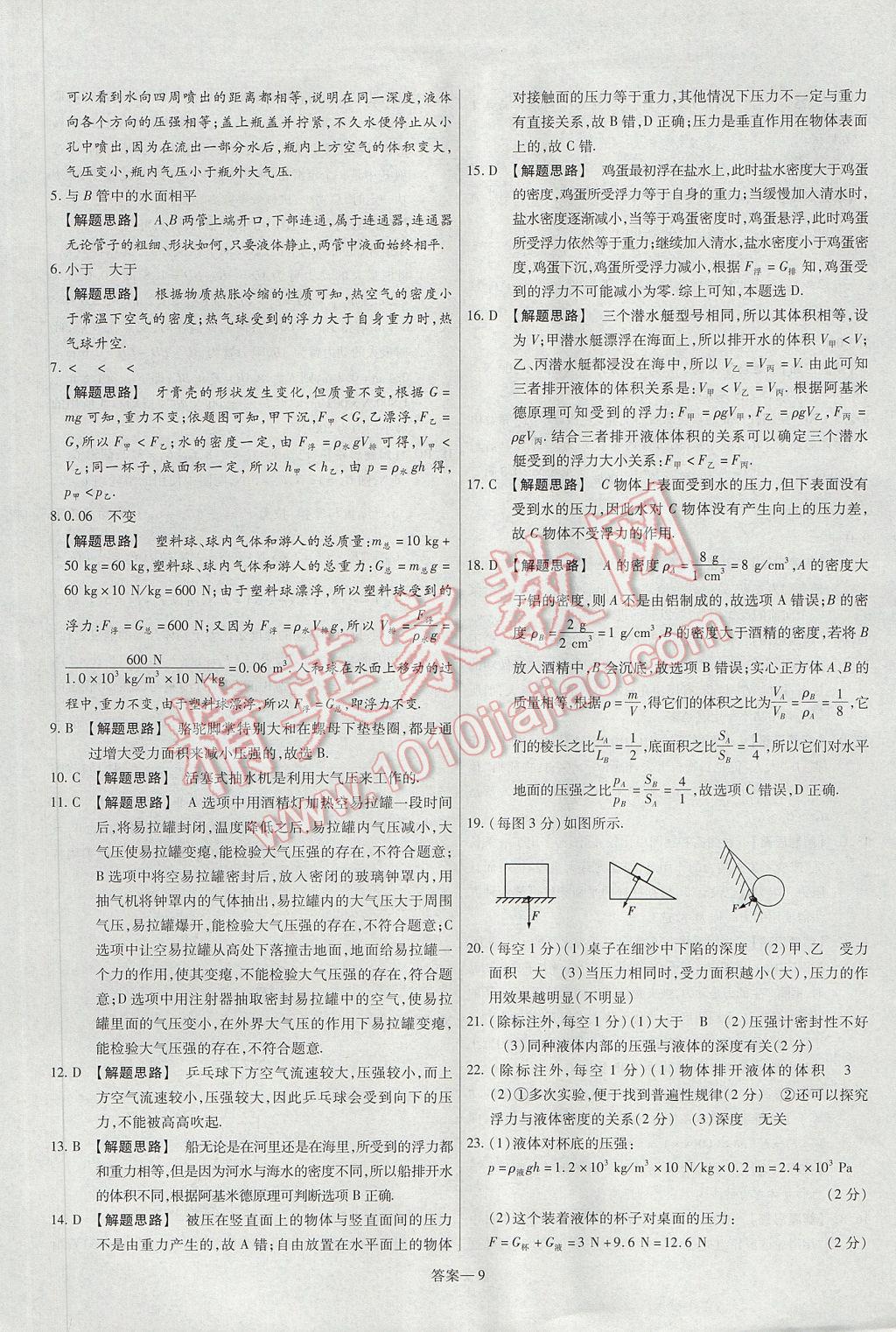 2017年金考卷活页题选八年级物理下册北师大版 参考答案第9页