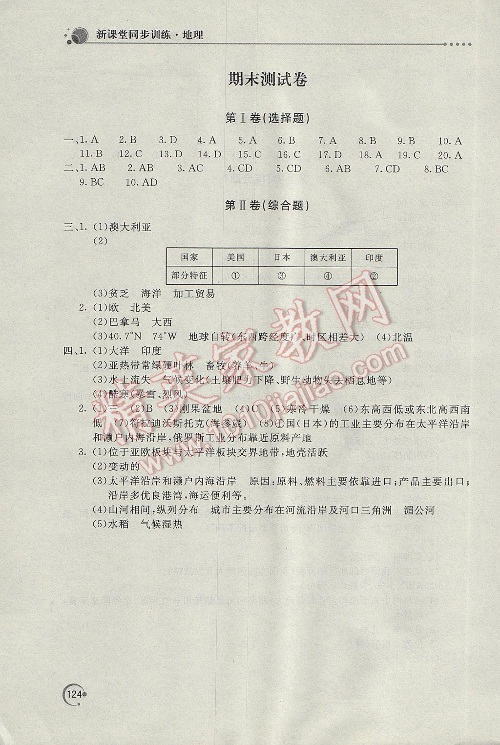 2017年新課堂同步訓(xùn)練八年級(jí)地理下冊(cè)地圖版 參考答案第14頁(yè)