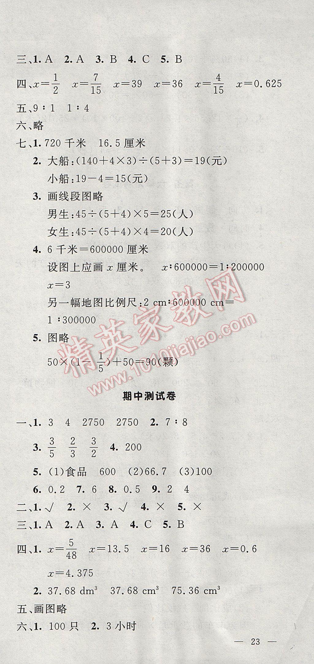 2017年非常1加1一課一練六年級數(shù)學下冊蘇教版 參考答案第27頁