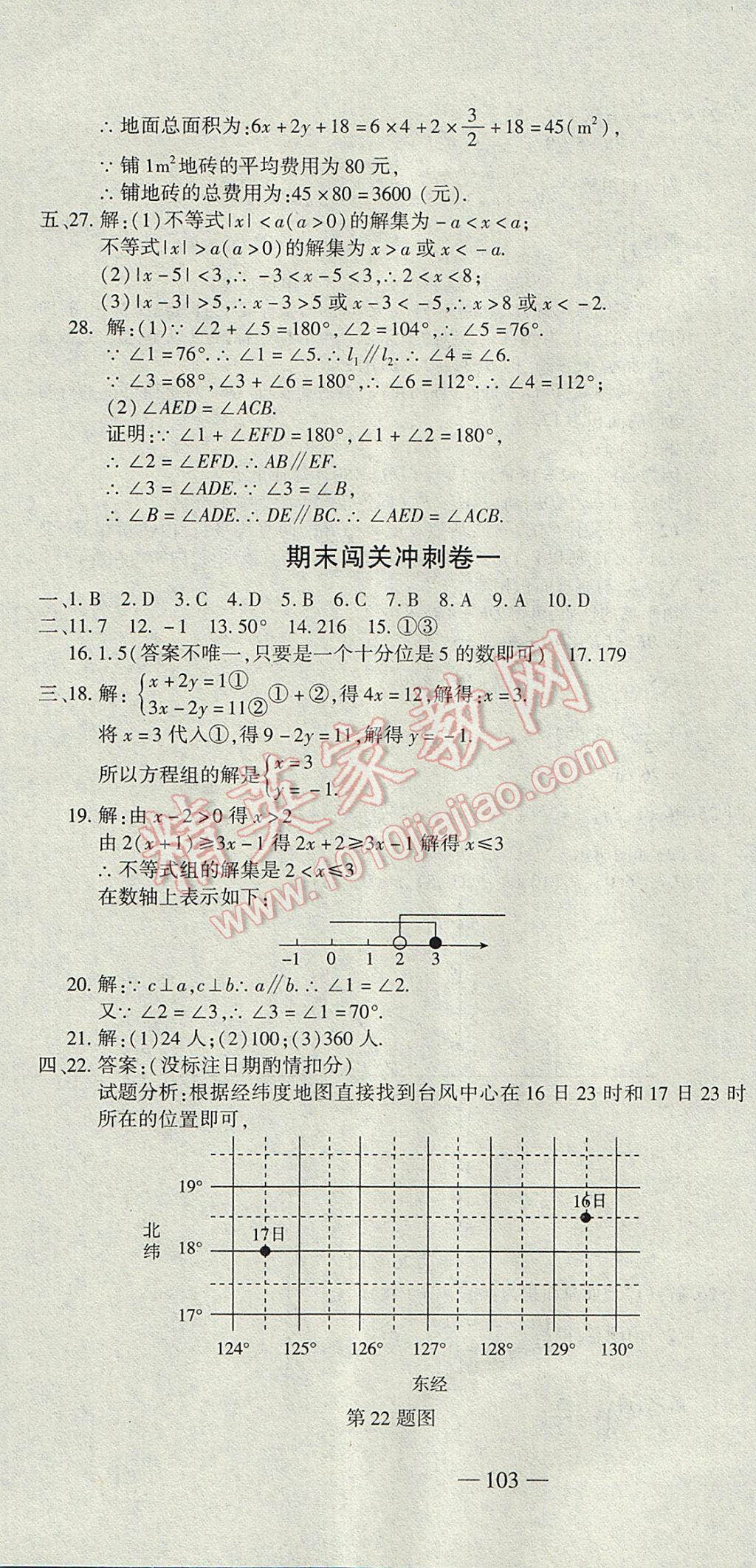 2017年全能闯关冲刺卷七年级数学下册人教版 参考答案第16页