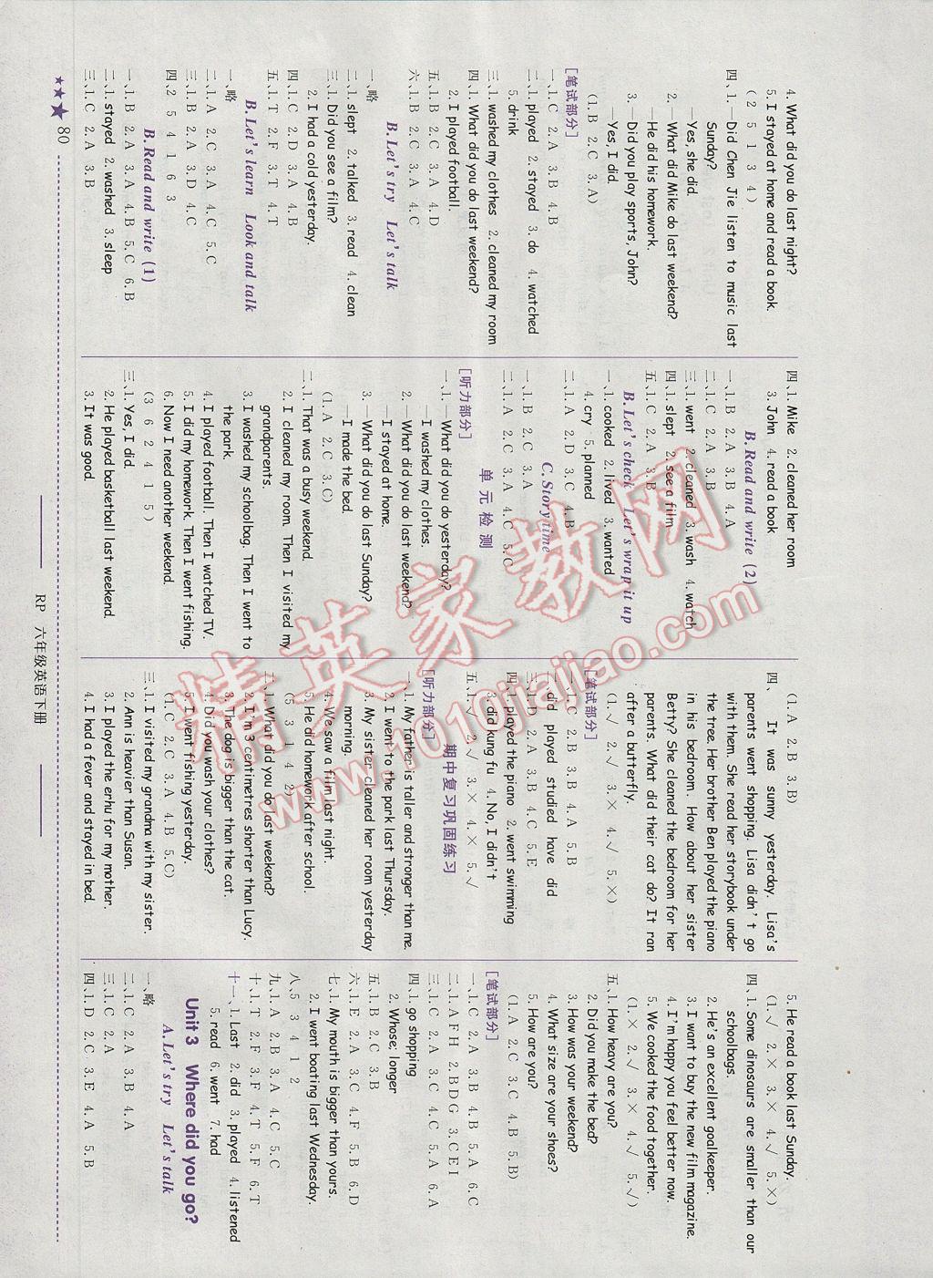 2017年黄冈小状元作业本六年级英语下册人教PEP版广东专版 参考答案第2页