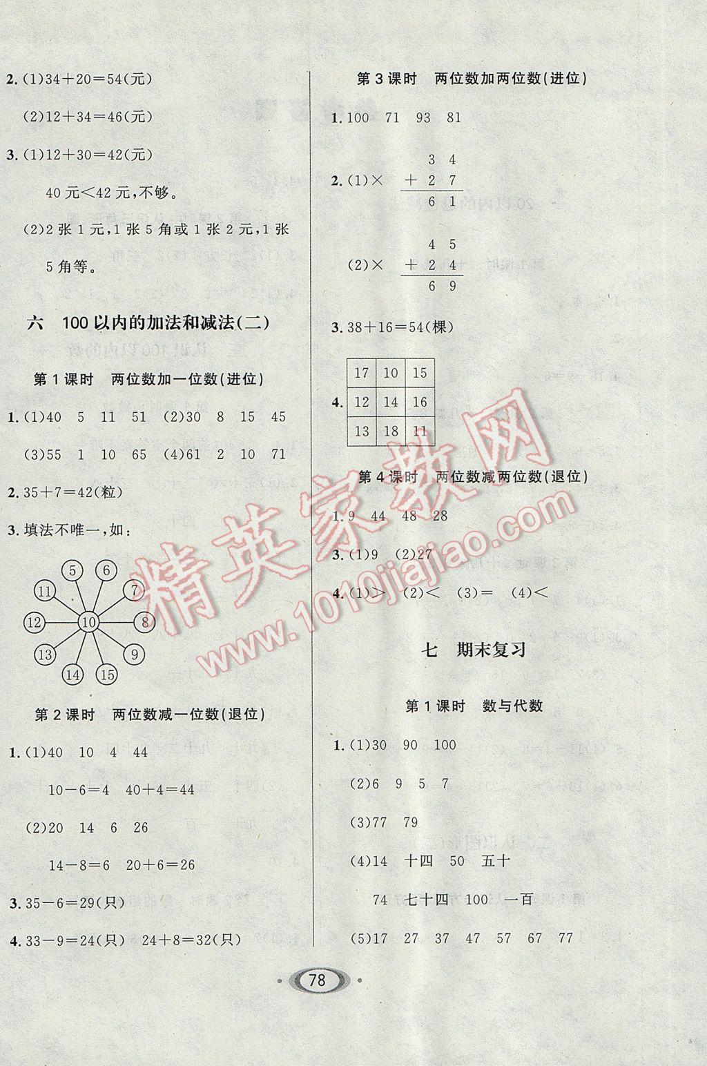 2017年小學(xué)生1課3練培優(yōu)作業(yè)本一年級(jí)數(shù)學(xué)下冊(cè)江蘇版 參考答案第4頁