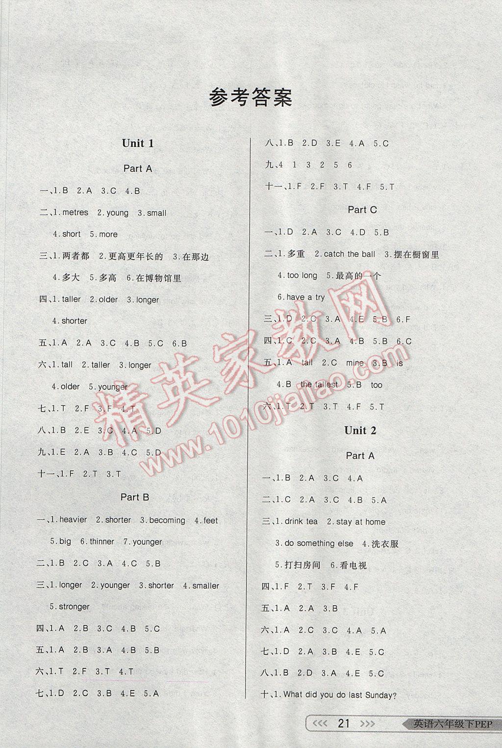 2017年小學(xué)生學(xué)習(xí)樂(lè)園隨堂練六年級(jí)英語(yǔ)下冊(cè)人教PEP版三起 參考答案第1頁(yè)