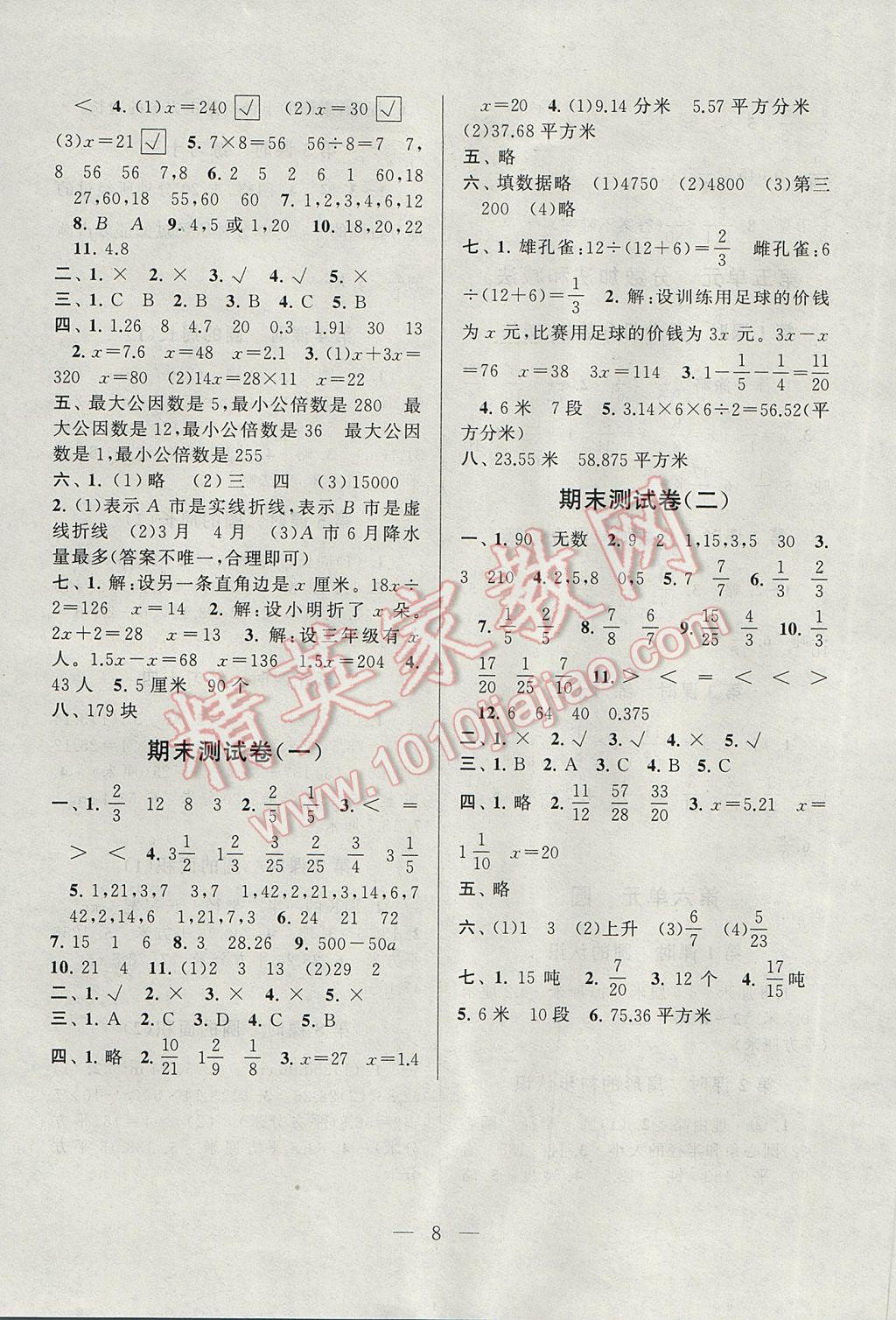 2017年啟東黃岡作業(yè)本五年級數(shù)學(xué)下冊江蘇版 參考答案第8頁