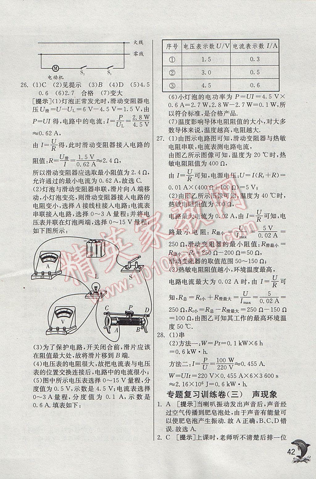 2017年实验班提优训练九年级物理下册沪科版 参考答案第42页