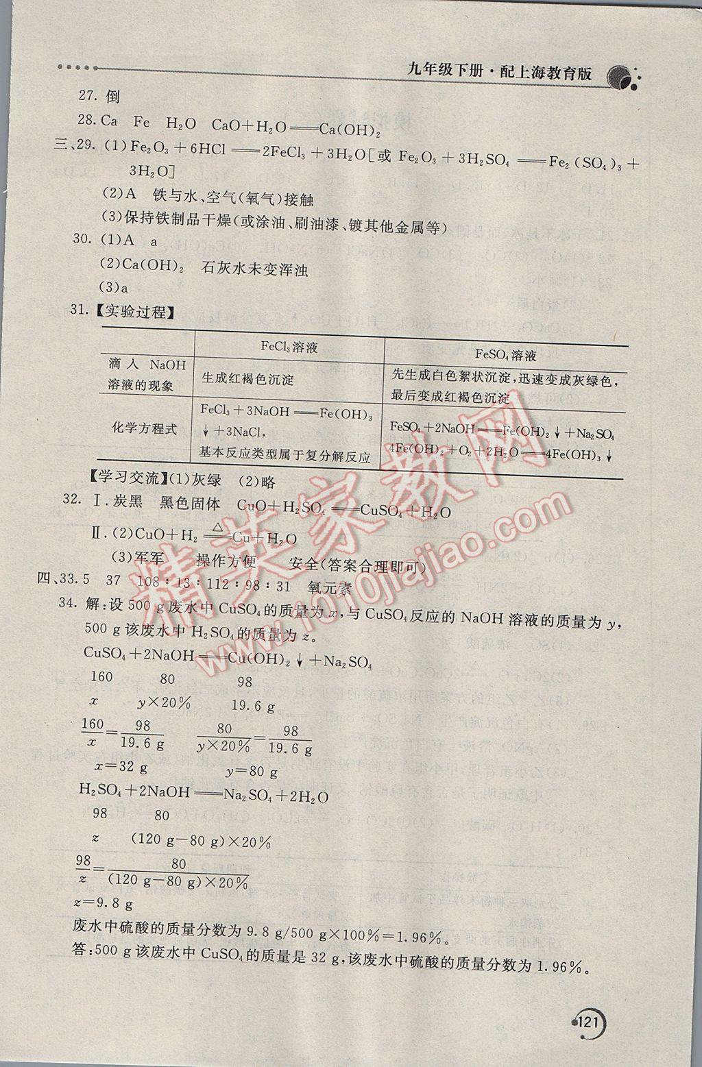 2017年新课堂同步训练九年级化学下册沪教版 参考答案第18页