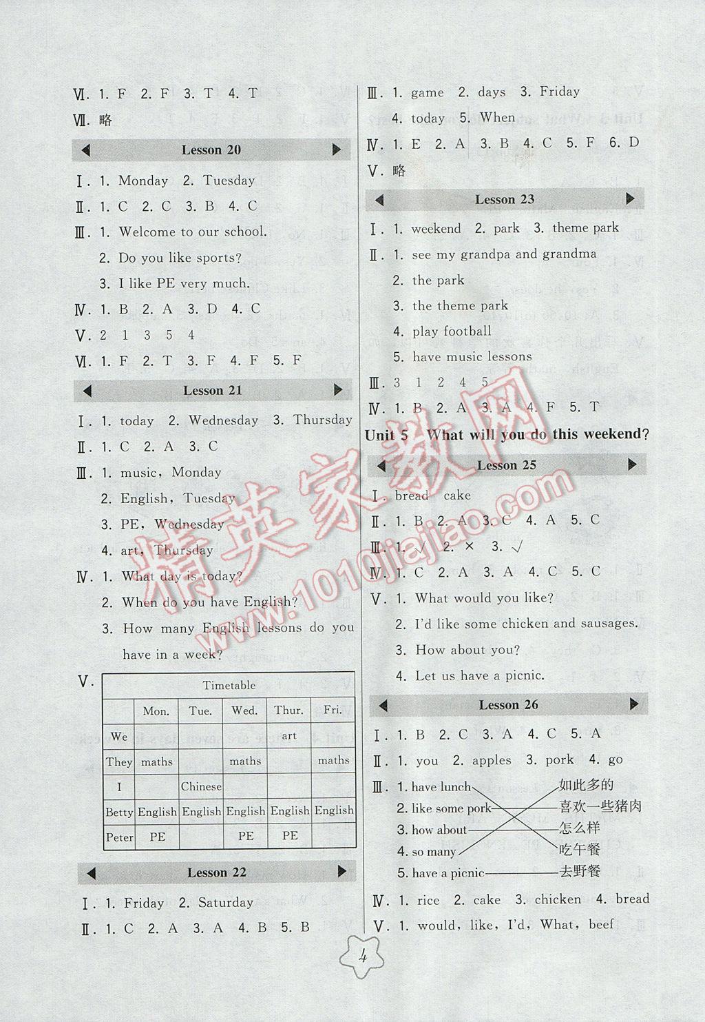 2017年北大綠卡四年級(jí)英語下冊(cè)人教精通版 參考答案第4頁