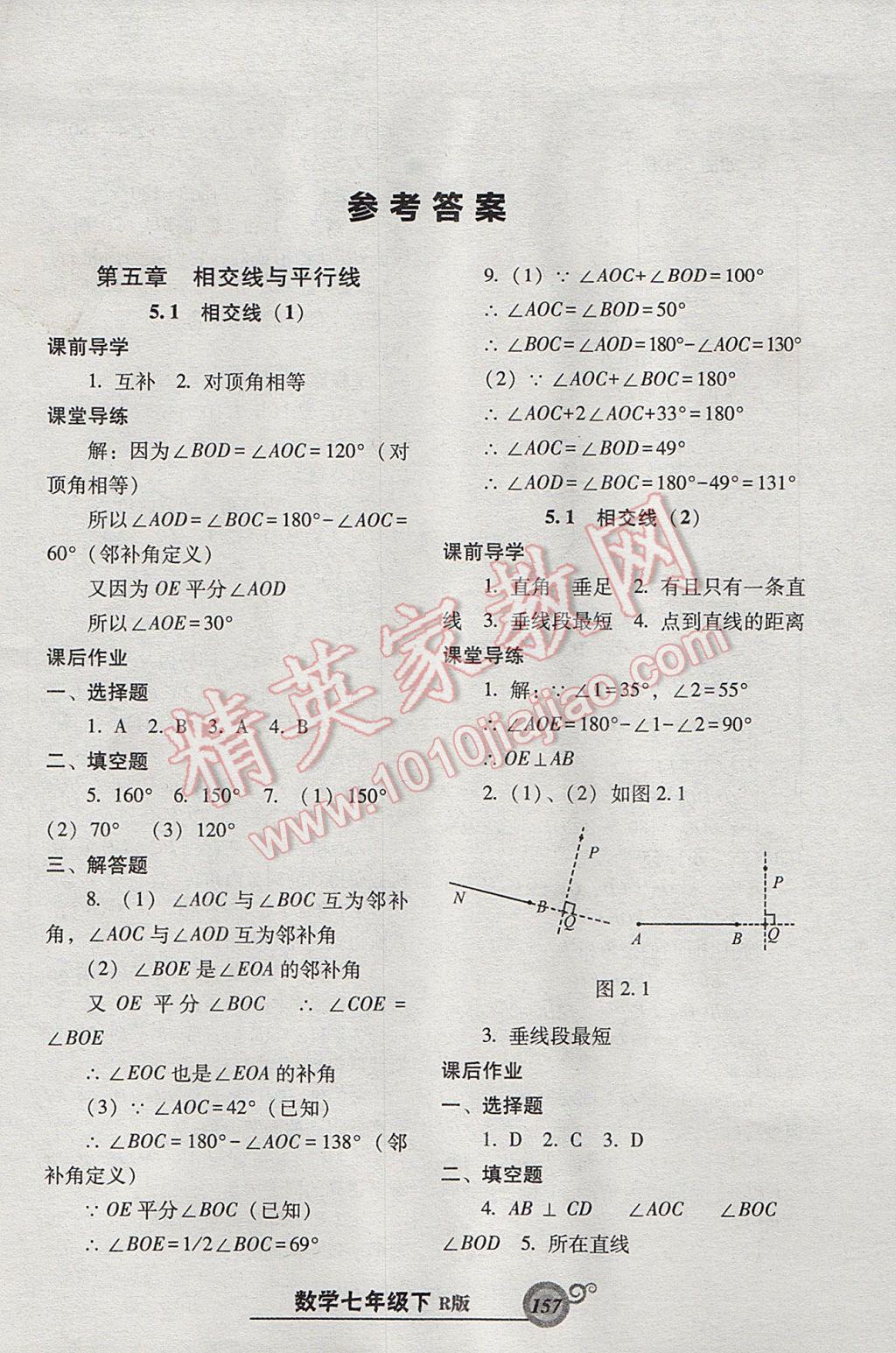 2017年尖子生新课堂课时作业七年级数学下册人教版 参考答案第1页