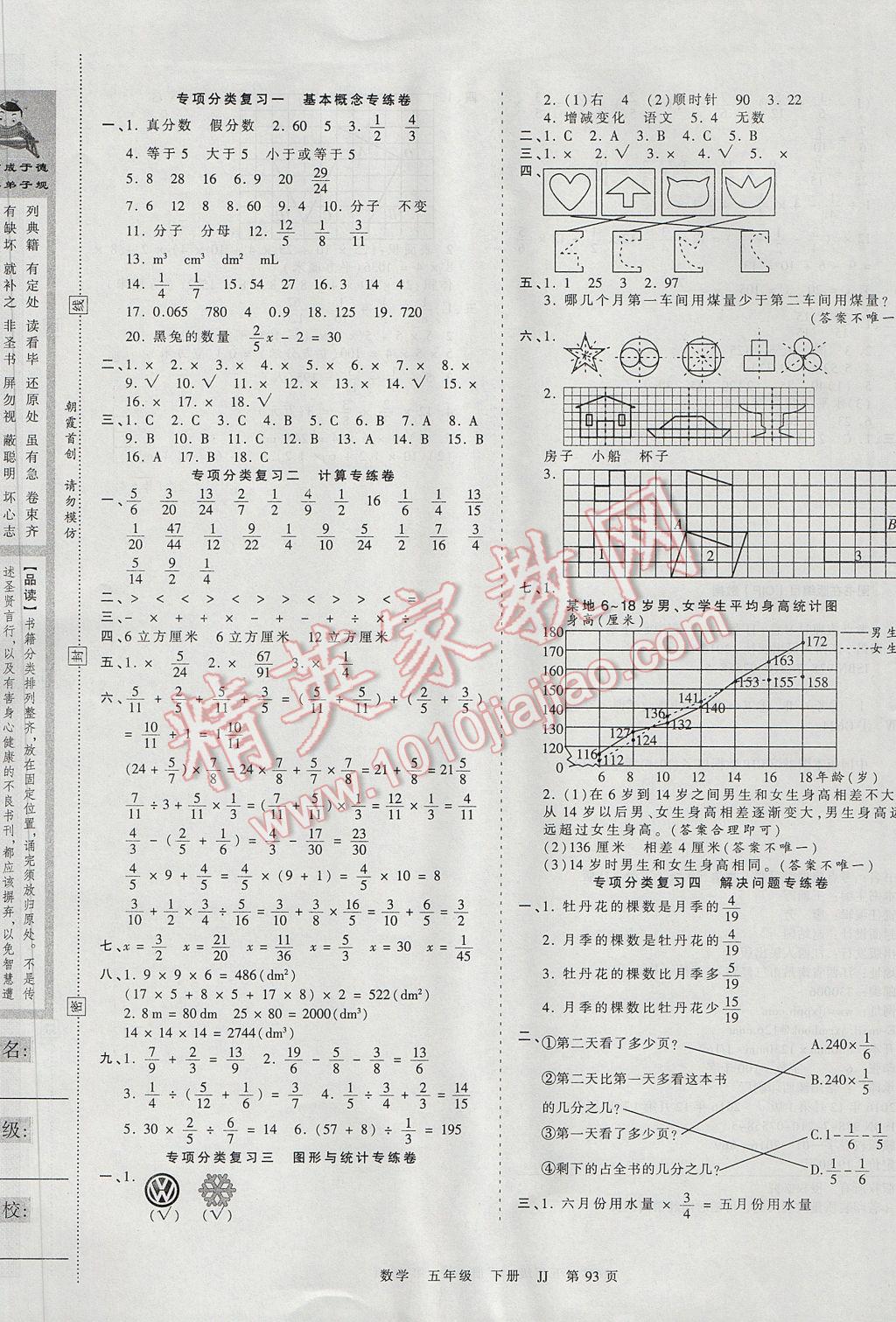 2017年王朝霞考点梳理时习卷五年级数学下册冀教版 参考答案第5页