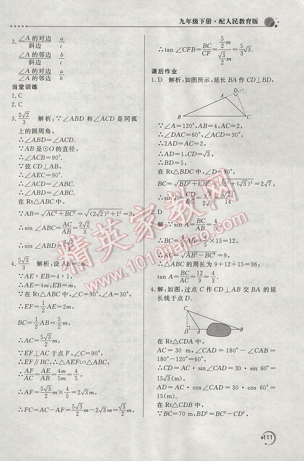 2017年新课堂同步训练九年级数学下册人教版 参考答案第21页