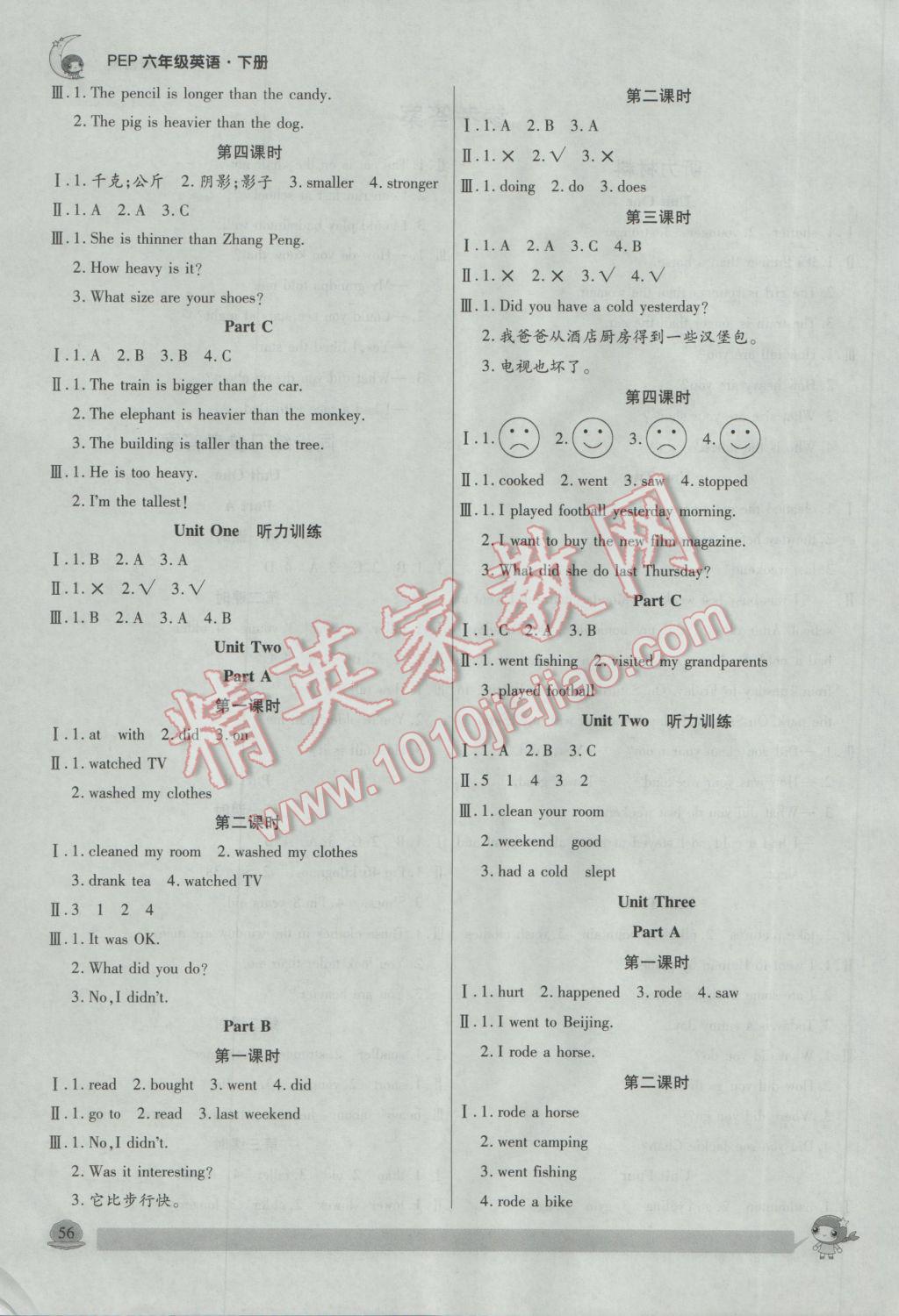 2017年小狀元隨堂作業(yè)六年級(jí)英語(yǔ)下冊(cè)人教PEP版 參考答案第2頁(yè)