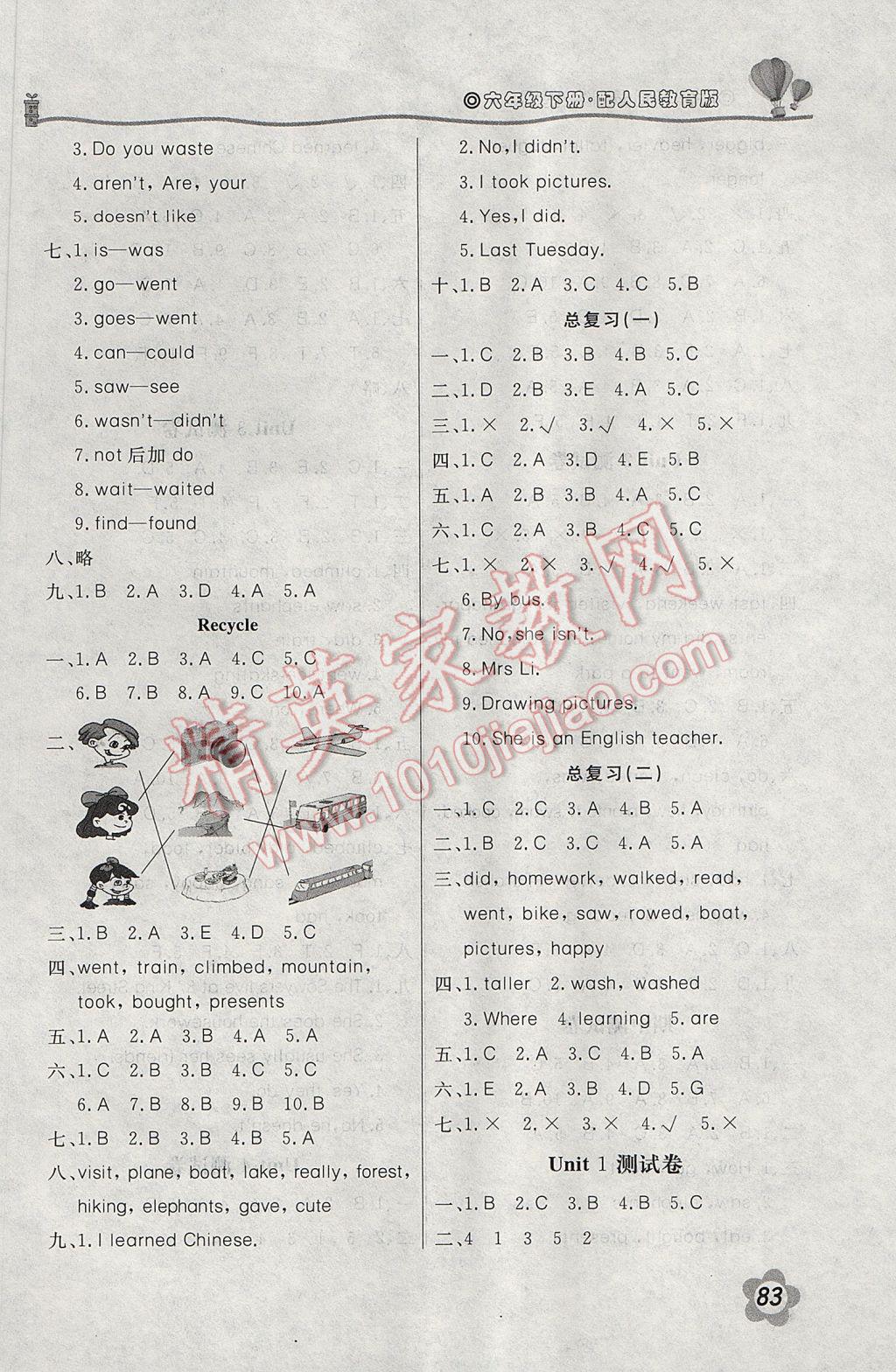 2017年新課堂同步訓(xùn)練六年級英語下冊人教PEP版三起 參考答案第4頁