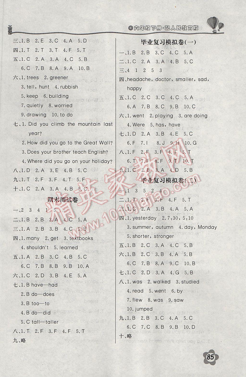 2017年新課堂同步訓(xùn)練六年級(jí)英語下冊(cè)人教PEP版三起 參考答案第6頁