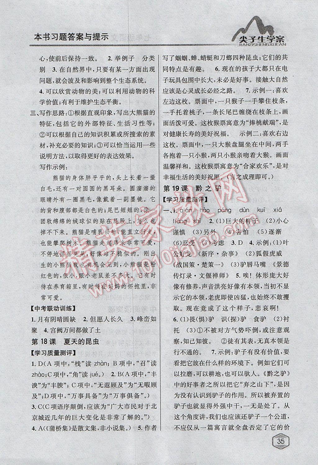 2017年尖子生學(xué)案七年級語文下冊江蘇版 參考答案第14頁