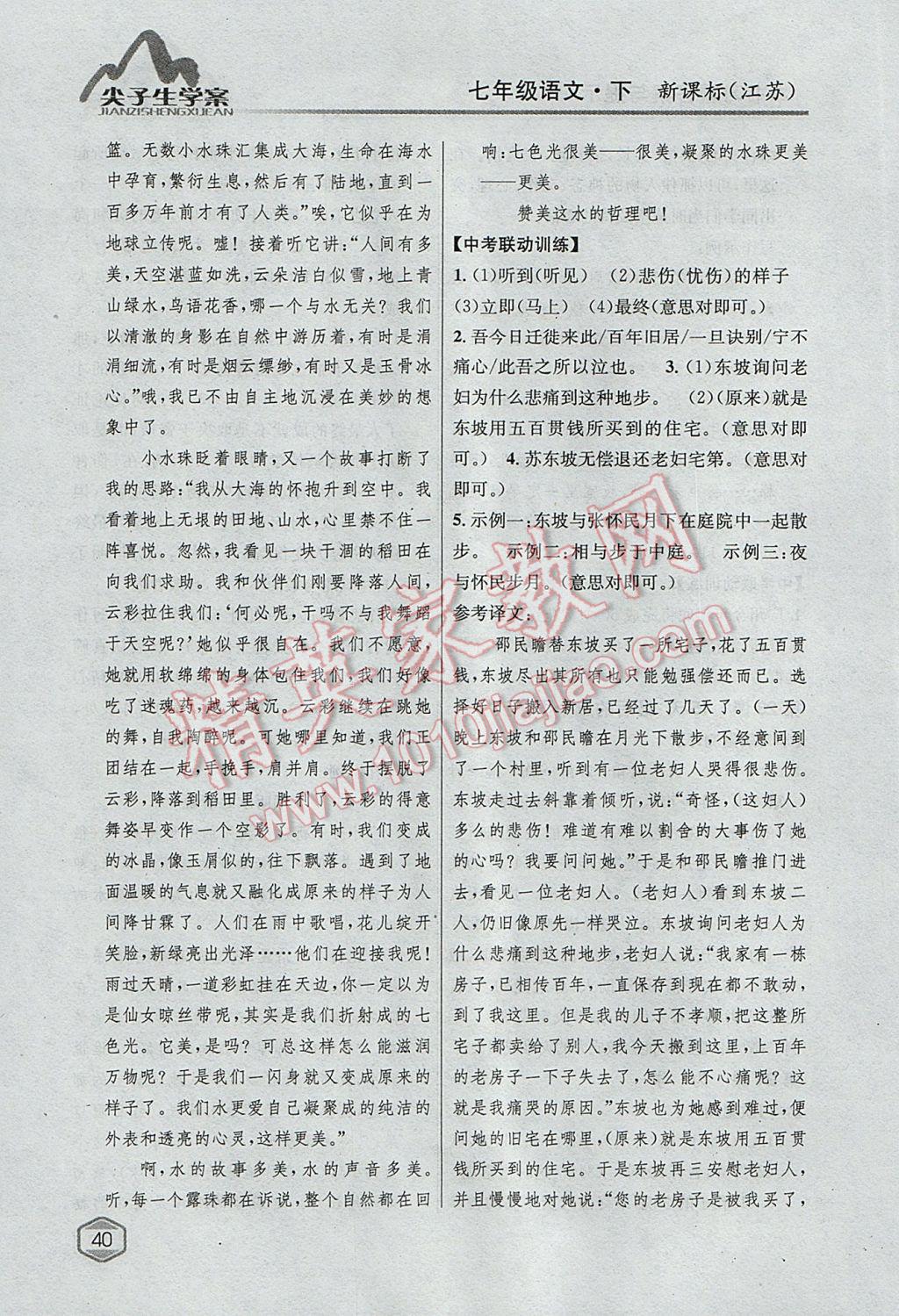 2017年尖子生學(xué)案七年級(jí)語(yǔ)文下冊(cè)江蘇版 參考答案第19頁(yè)