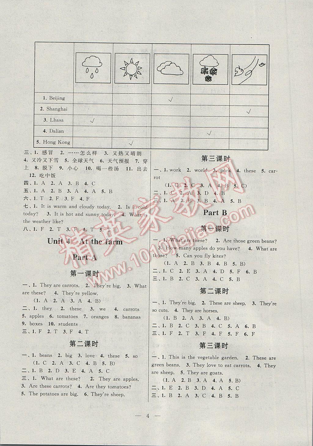 2017年启东黄冈作业本四年级英语下册人教PEP版 参考答案第4页