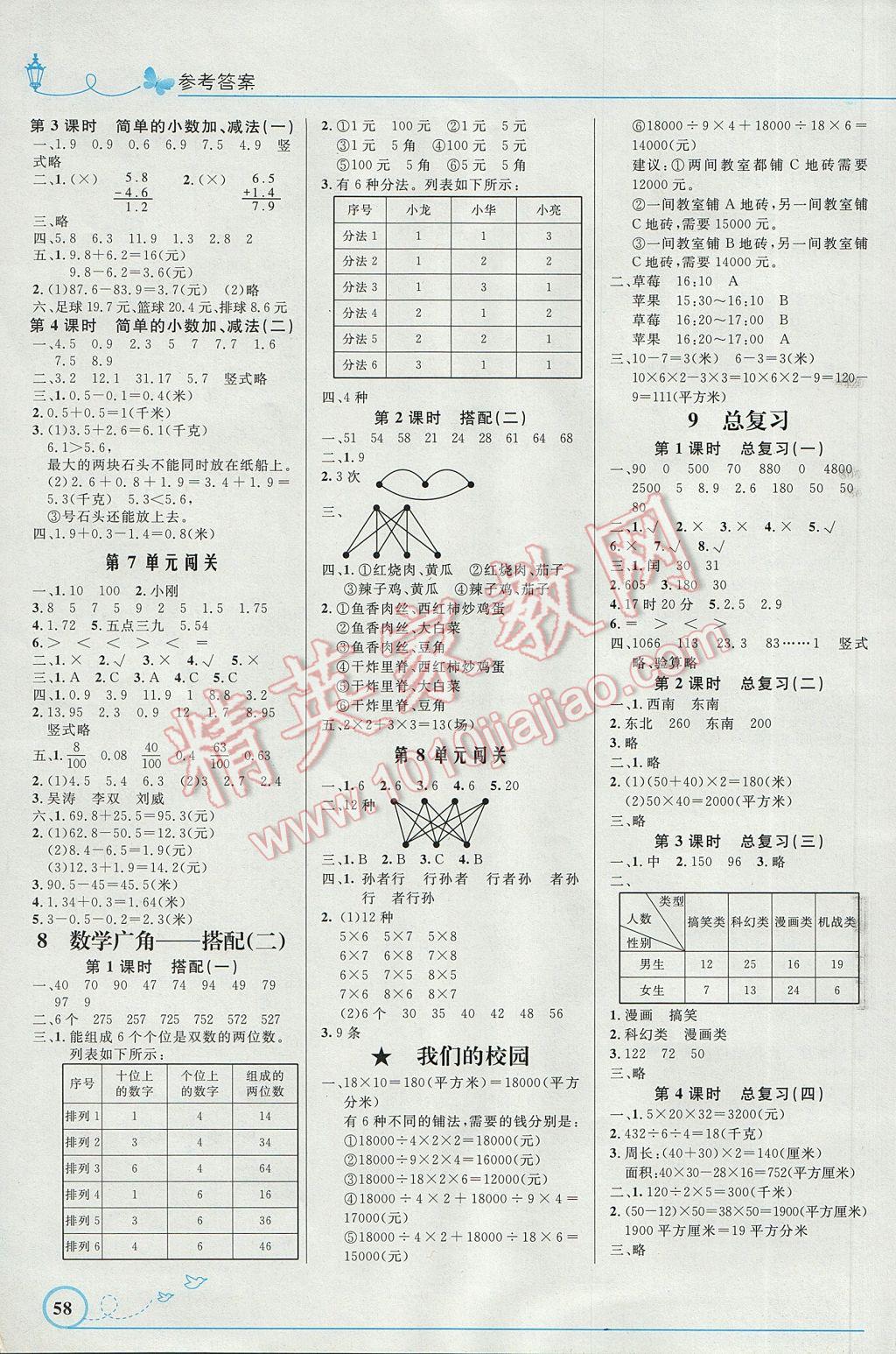 2017年小学同步测控优化设计三年级数学下册人教版福建专版 参考答案第4页