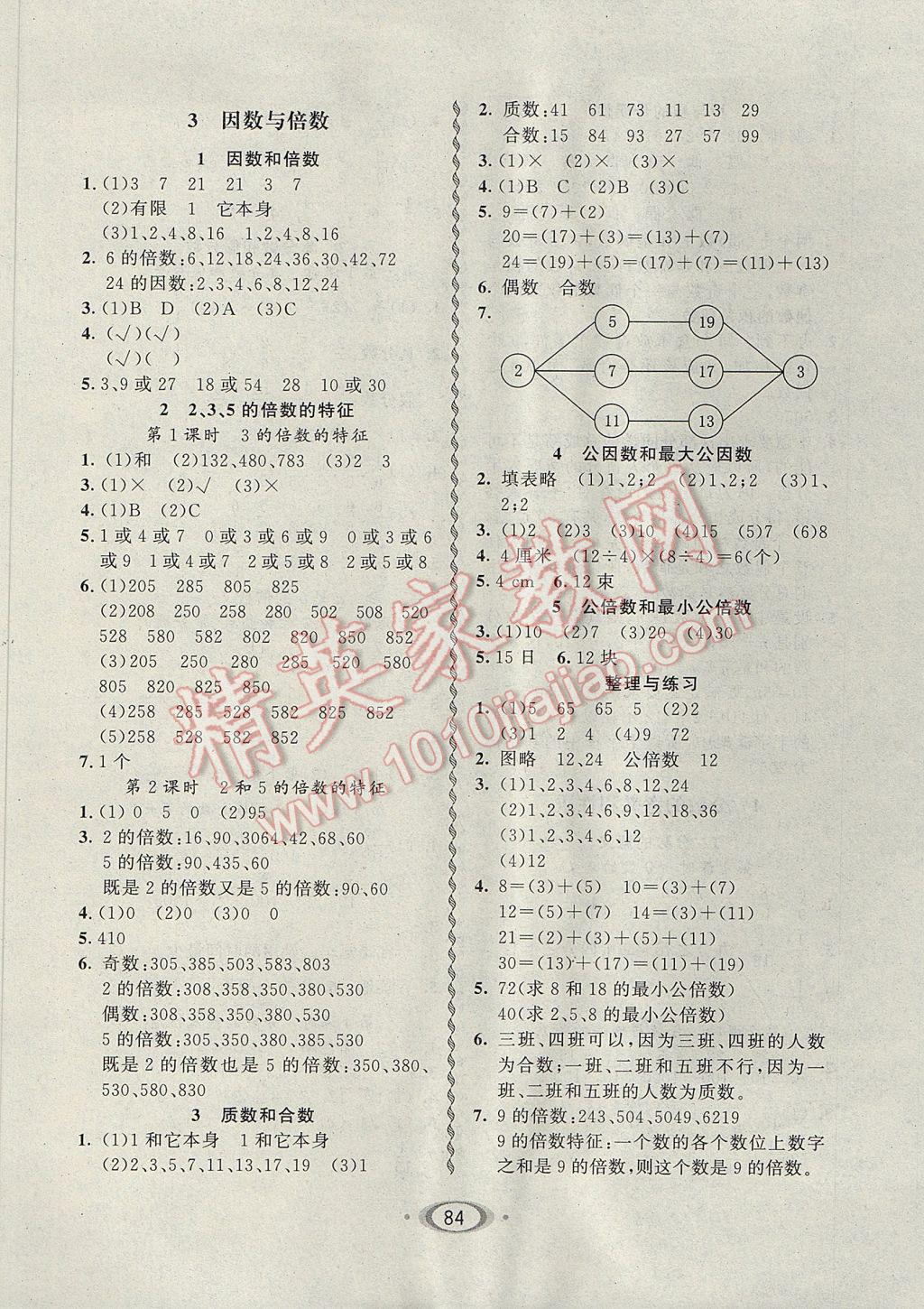 2017年小學(xué)生1課3練培優(yōu)作業(yè)本五年級數(shù)學(xué)下冊江蘇版 參考答案第2頁