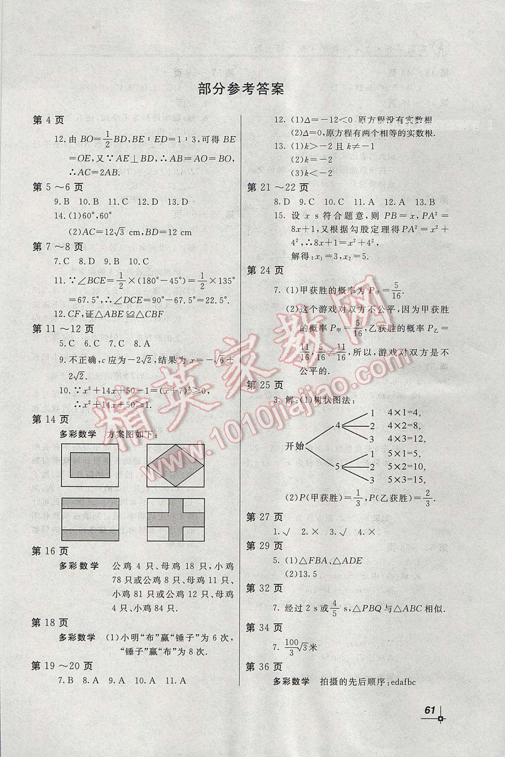 2017年新课堂假期生活寒假用书九年级数学北师大版北京教育出版社 参考答案第3页