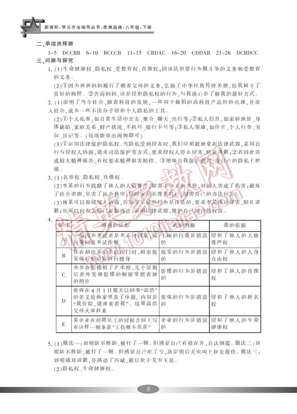 2017年新課標學習方法指導叢書八年級思想品德下冊人教版 參考答案第6頁