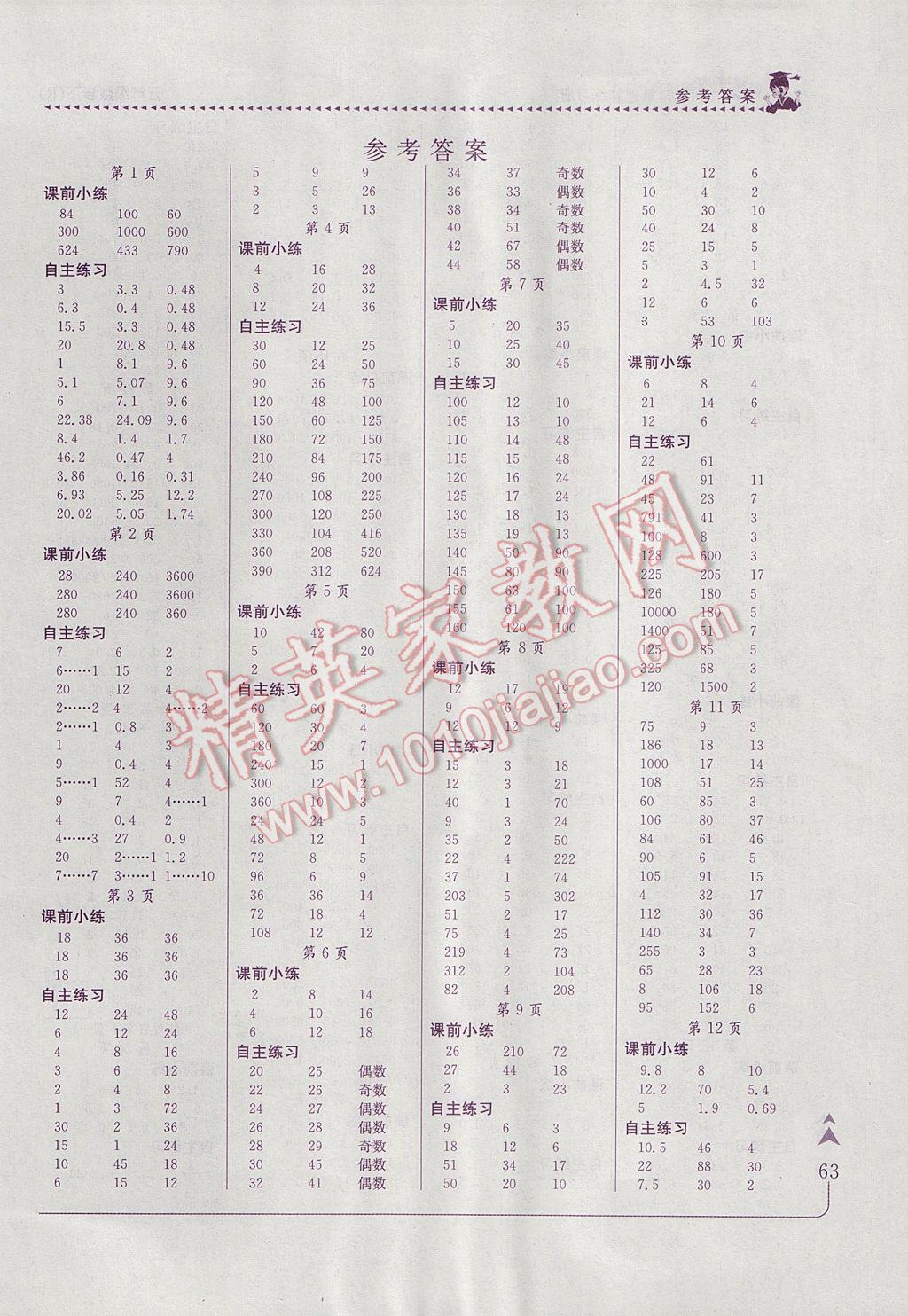 2017年黄冈小状元口算速算练习册五年级数学下册人教版 参考答案第2页