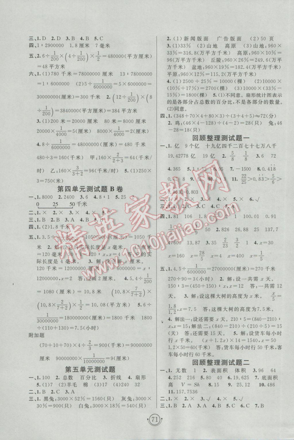 2017年海淀單元測試AB卷六年級數(shù)學下冊青島版 參考答案第3頁