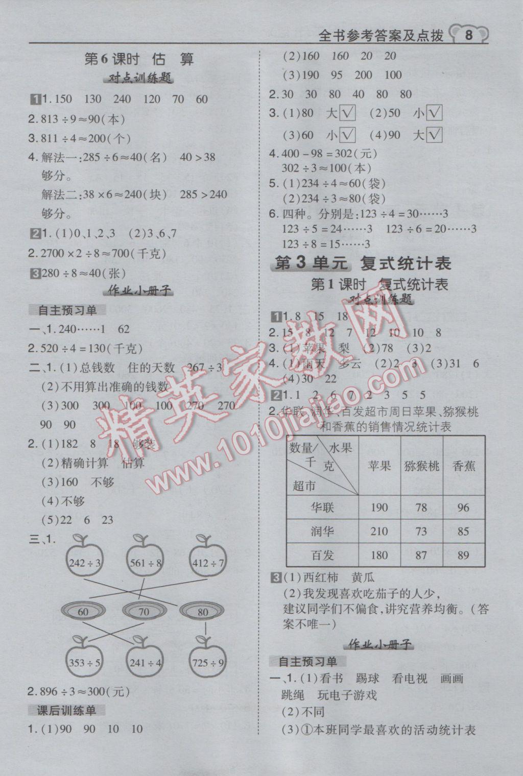 2017年特高級教師點撥三年級數(shù)學下冊人教版 參考答案第8頁