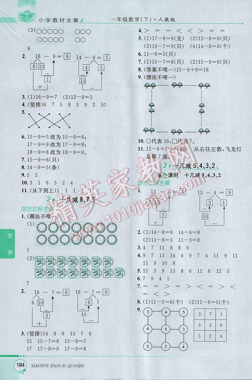 2017年小學(xué)教材全解一年級(jí)數(shù)學(xué)下冊(cè)人教版 參考答案第1頁