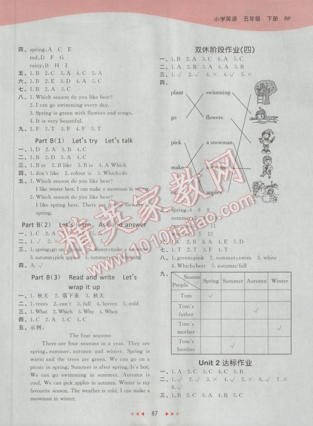 2017年53天天练小学英语五年级下册人教PEP版 参考答案第3页