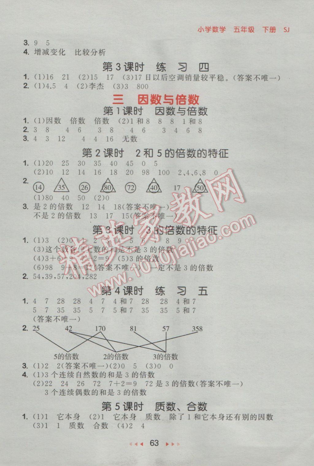 2017年53隨堂測小學(xué)數(shù)學(xué)五年級下冊蘇教版福建專用 參考答案第5頁