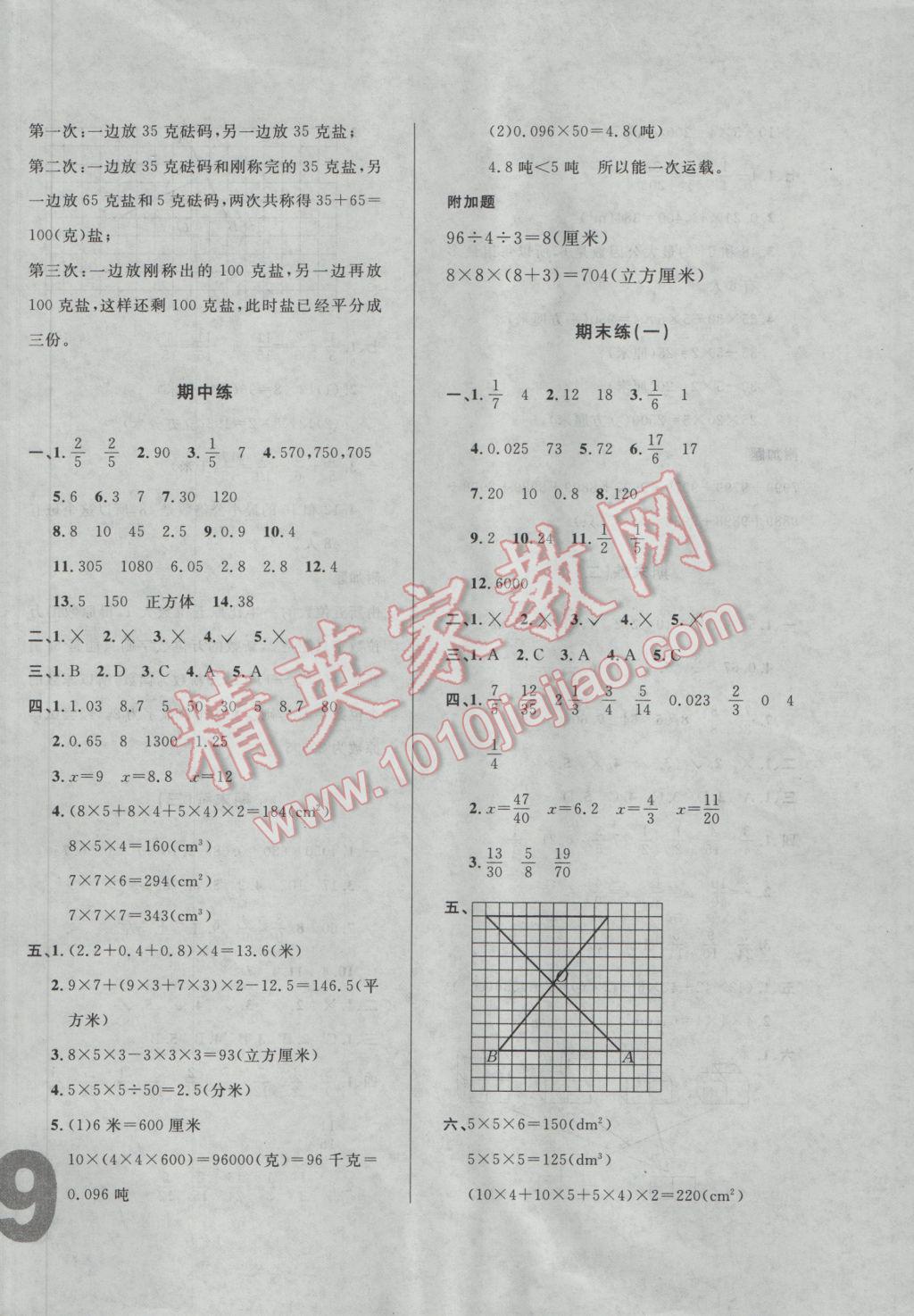 2017年悅?cè)缓脤W(xué)生單元練五年級數(shù)學(xué)下冊人教版 綜合練答案第10頁