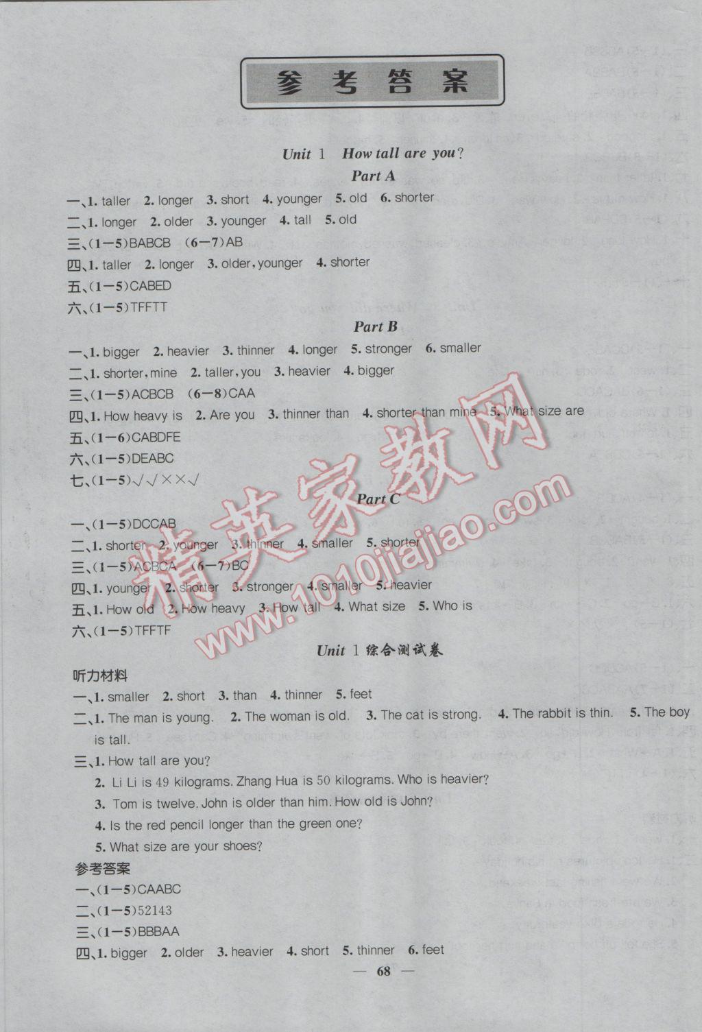 2017年课堂点睛六年级英语下册人教版 参考答案第1页