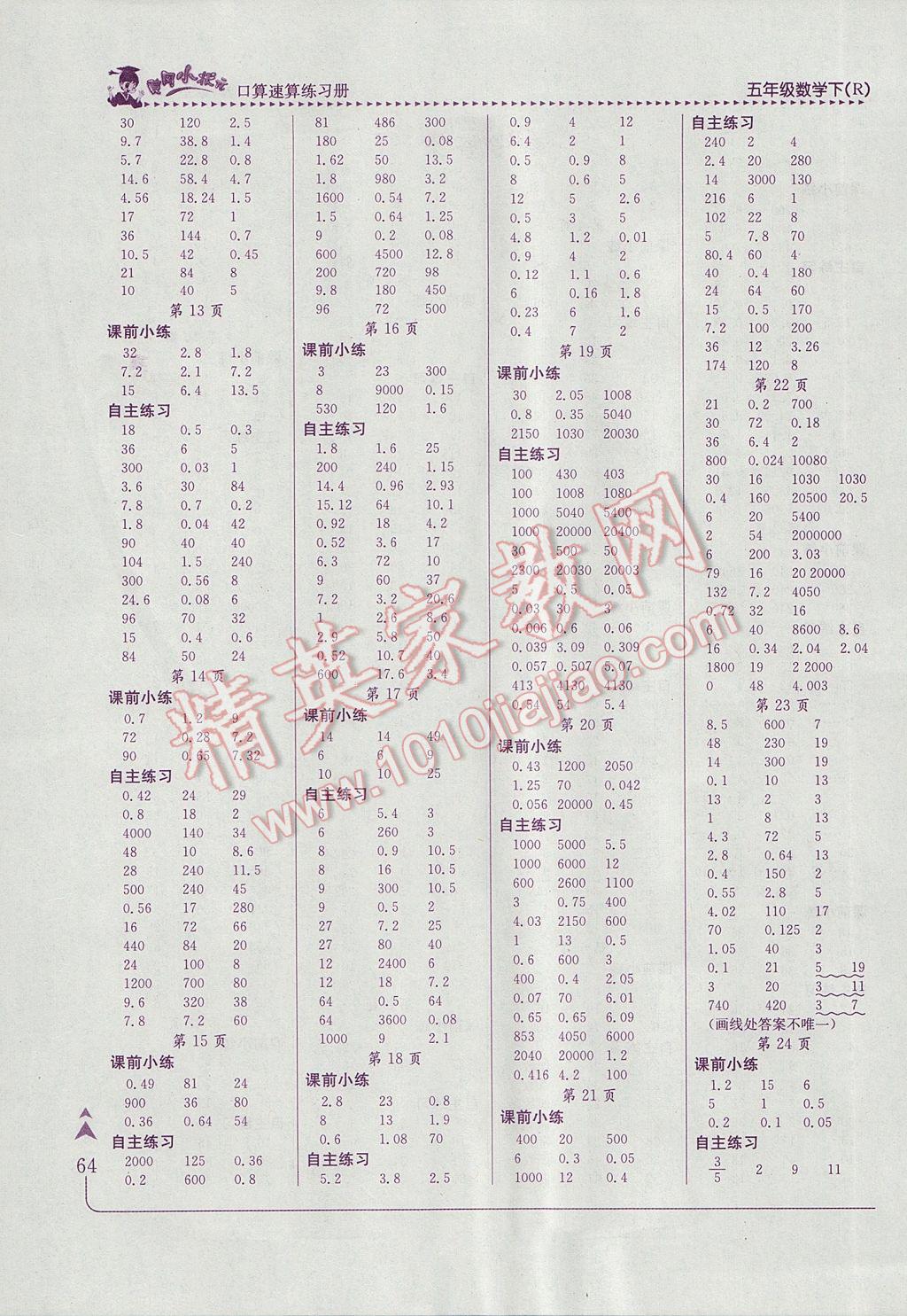 2017年黄冈小状元口算速算练习册五年级数学下册人教版 参考答案第1页