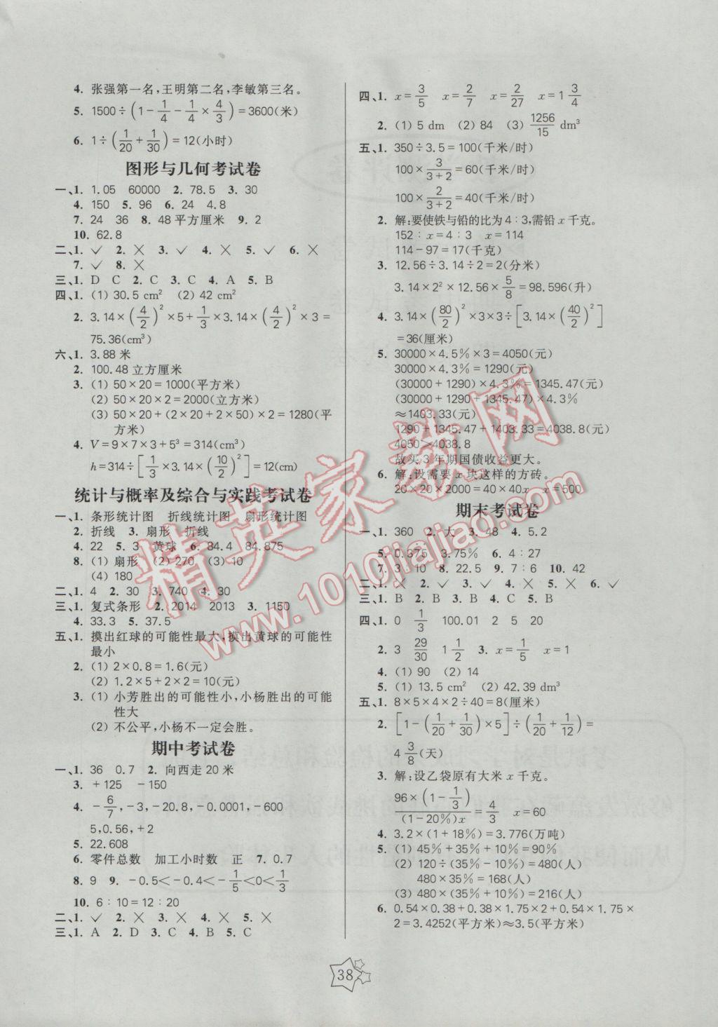 2017年100分闯关课时作业六年级数学下册人教版 单元测评卷答案第2页