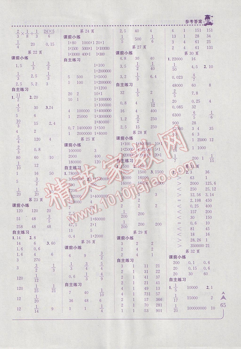 2017年黄冈小状元口算速算练习册六年级数学下册人教版 参考答案第3页