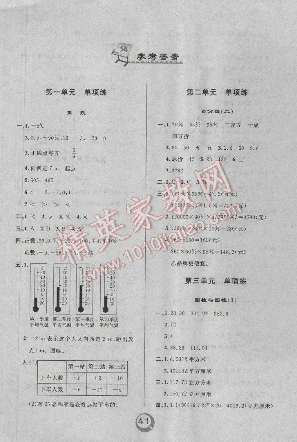 2017年悅?cè)缓脤W(xué)生單元練六年級(jí)數(shù)學(xué)下冊(cè)人教版 參考答案第1頁