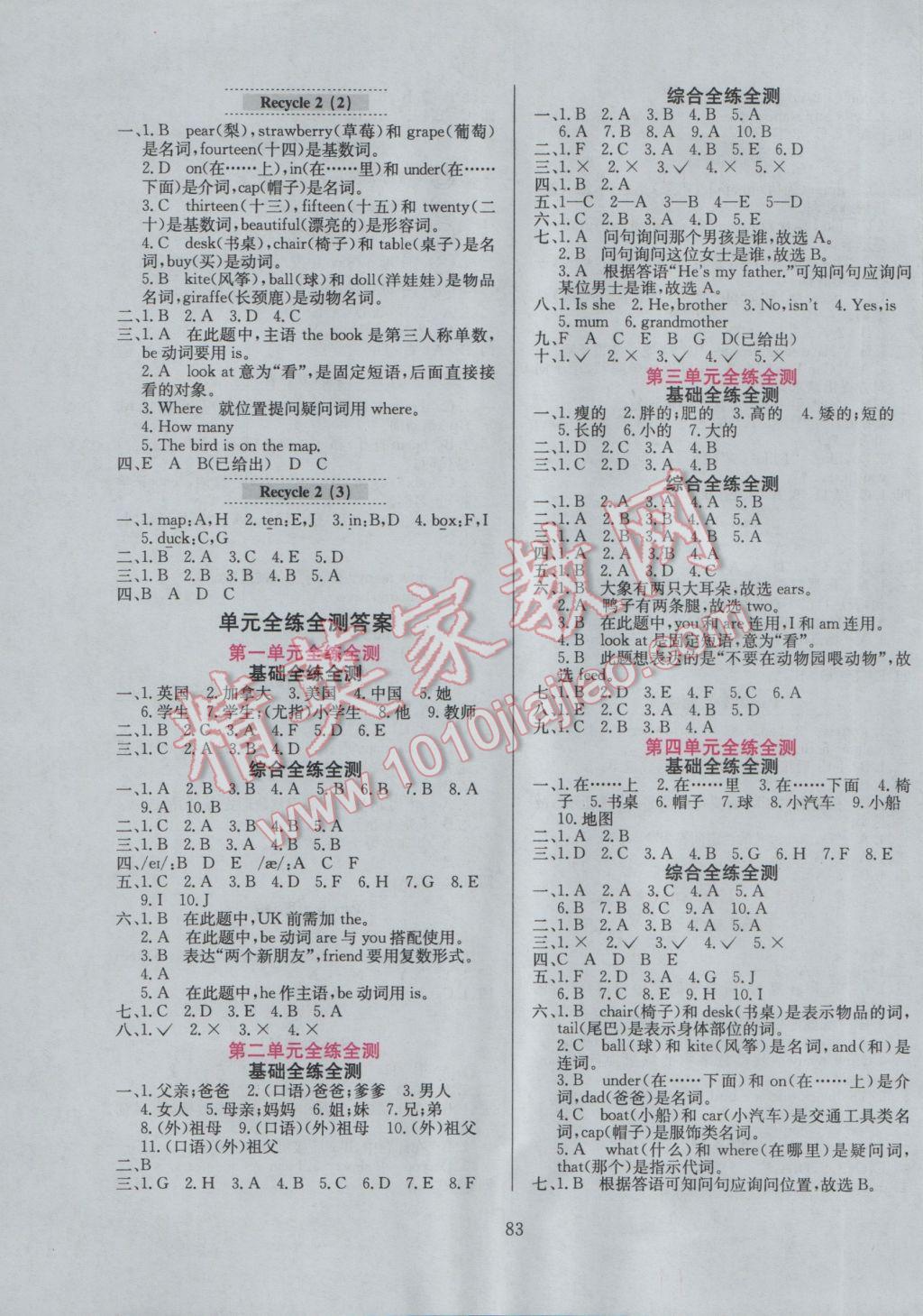 2017年小學教材全練三年級英語下冊人教PEP版三起 參考答案第7頁