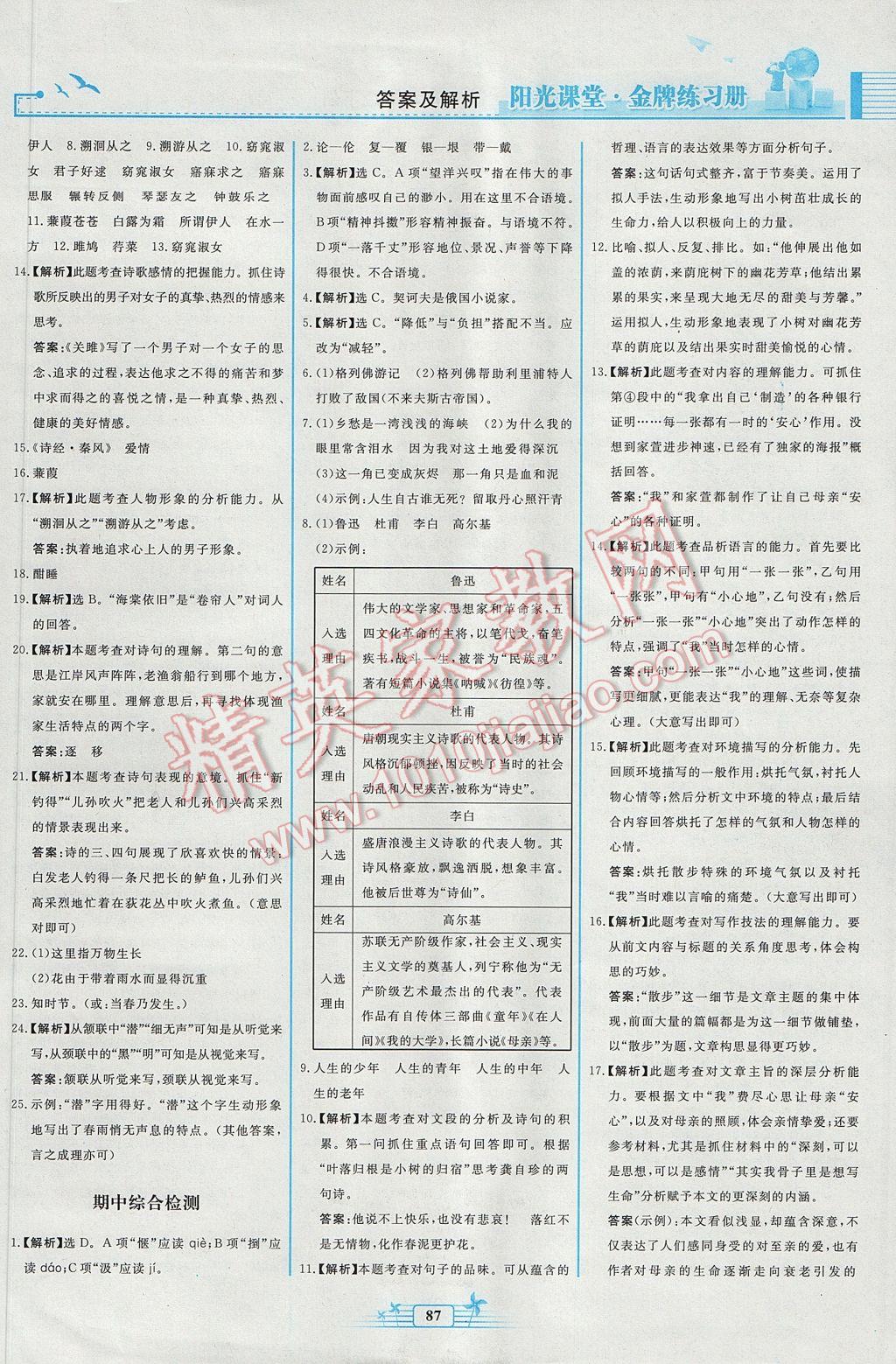 2017年陽光課堂金牌練習(xí)冊九年級(jí)語文下冊人教版福建專版 參考答案第15頁