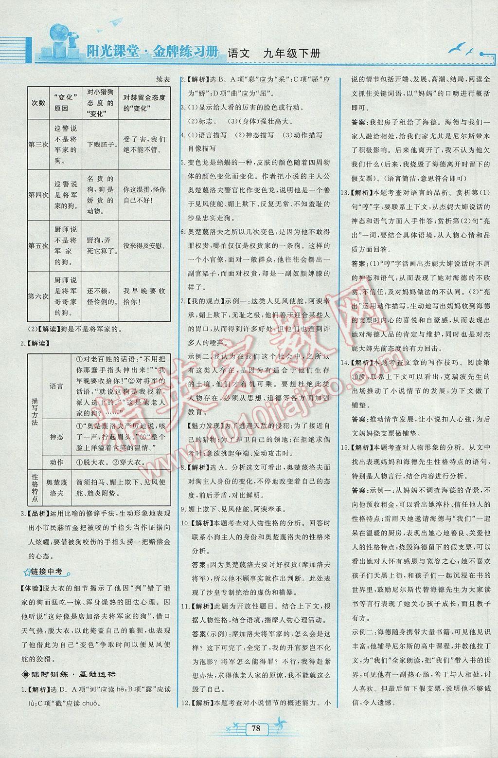 2017年陽(yáng)光課堂金牌練習(xí)冊(cè)九年級(jí)語(yǔ)文下冊(cè)人教版福建專版 參考答案第6頁(yè)