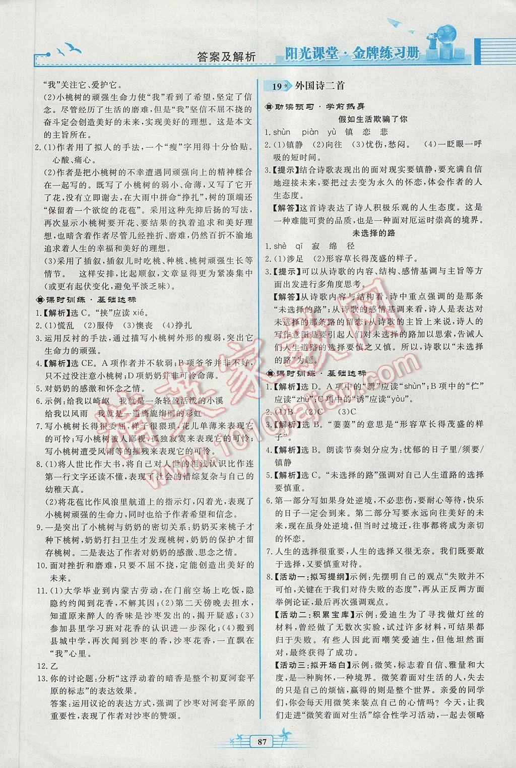 2017年阳光课堂金牌练习册七年级语文下册人教版福建专版 参考答案第13页