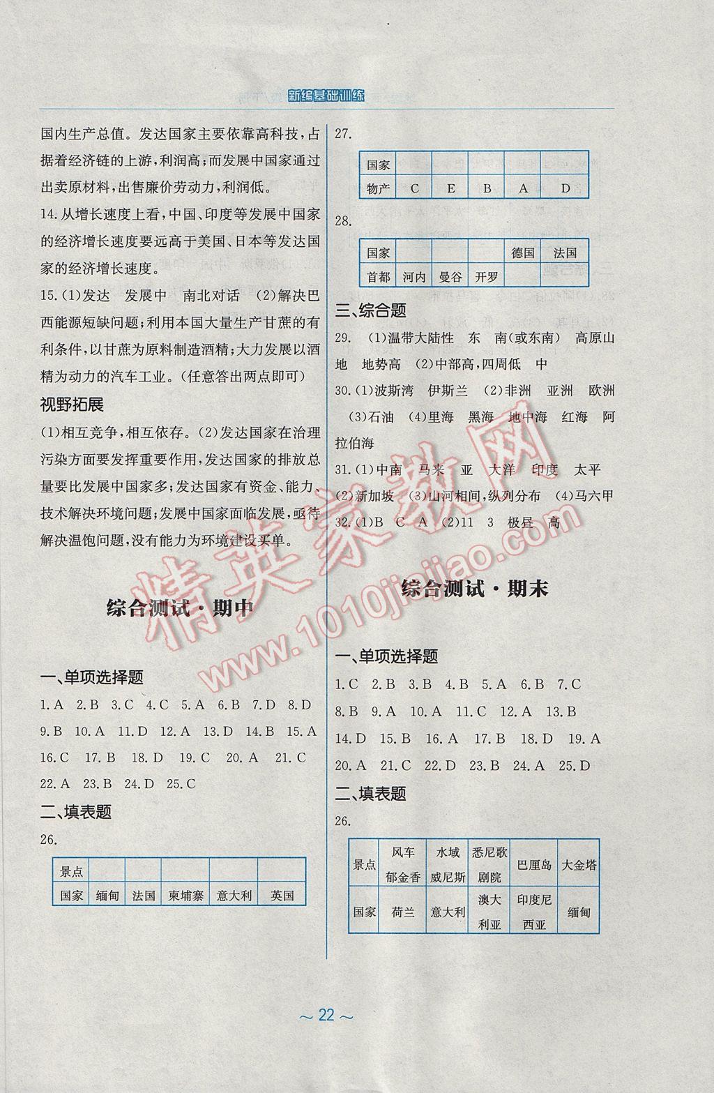 2017年新编基础训练七年级地理下册商务星球版 参考答案第10页