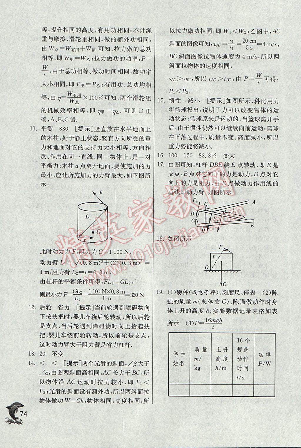 2017年实验班提优训练八年级物理下册沪科版 参考答案第74页