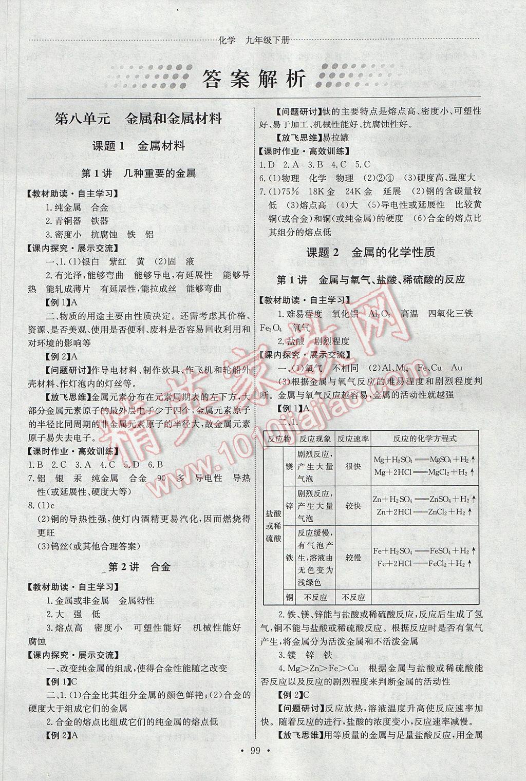 2017年能力培养与测试九年级化学下册人教版H 参考答案第1页