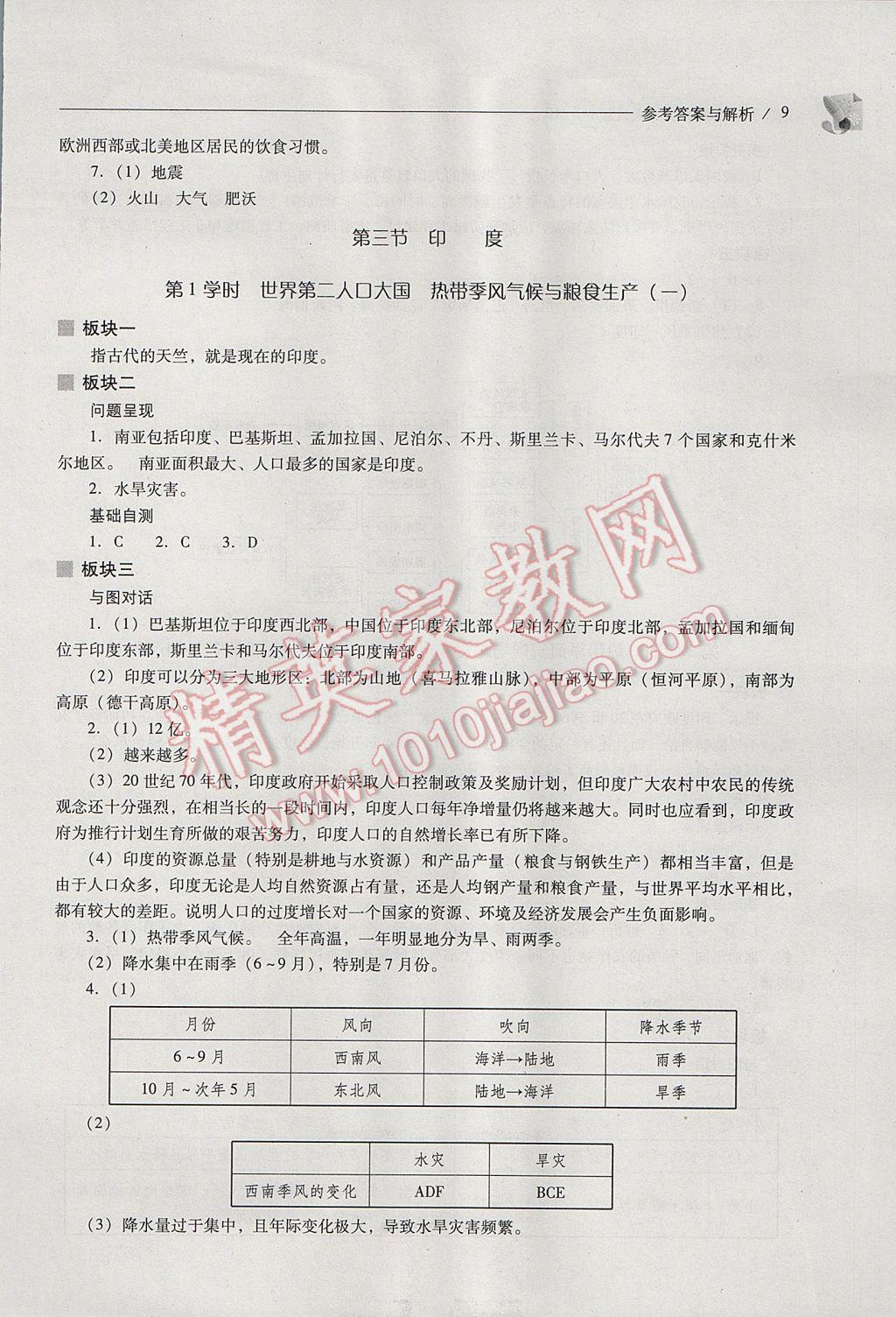 2017年新課程問題解決導(dǎo)學方案七年級地理下冊人教版 參考答案第9頁