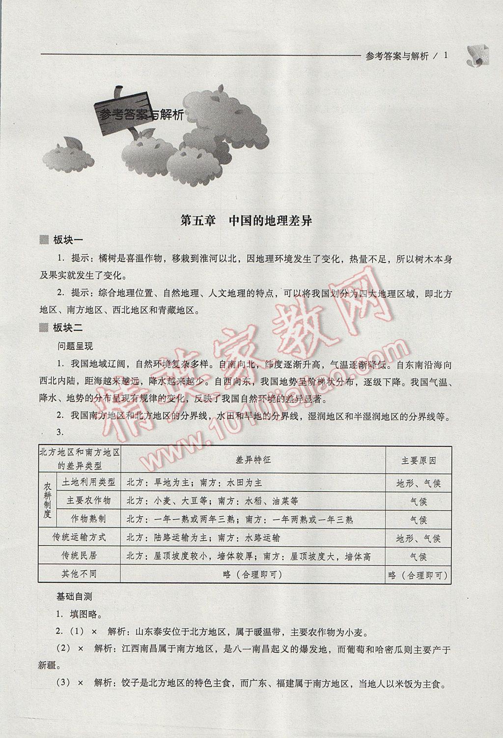 2017年新课程问题解决导学方案八年级地理下册人教版 参考答案第1页