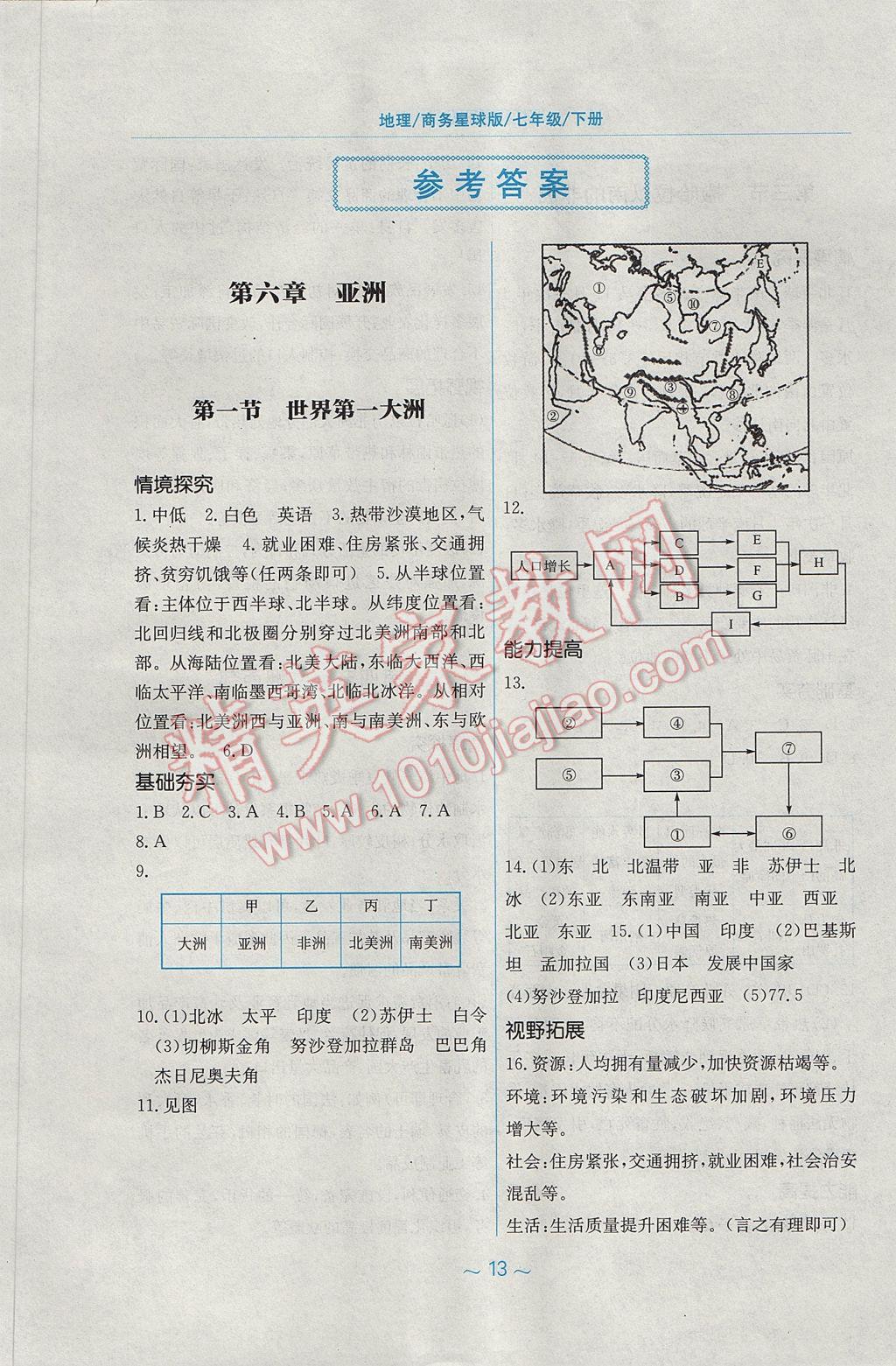 2017年新編基礎訓練七年級地理下冊商務星球版 參考答案第1頁